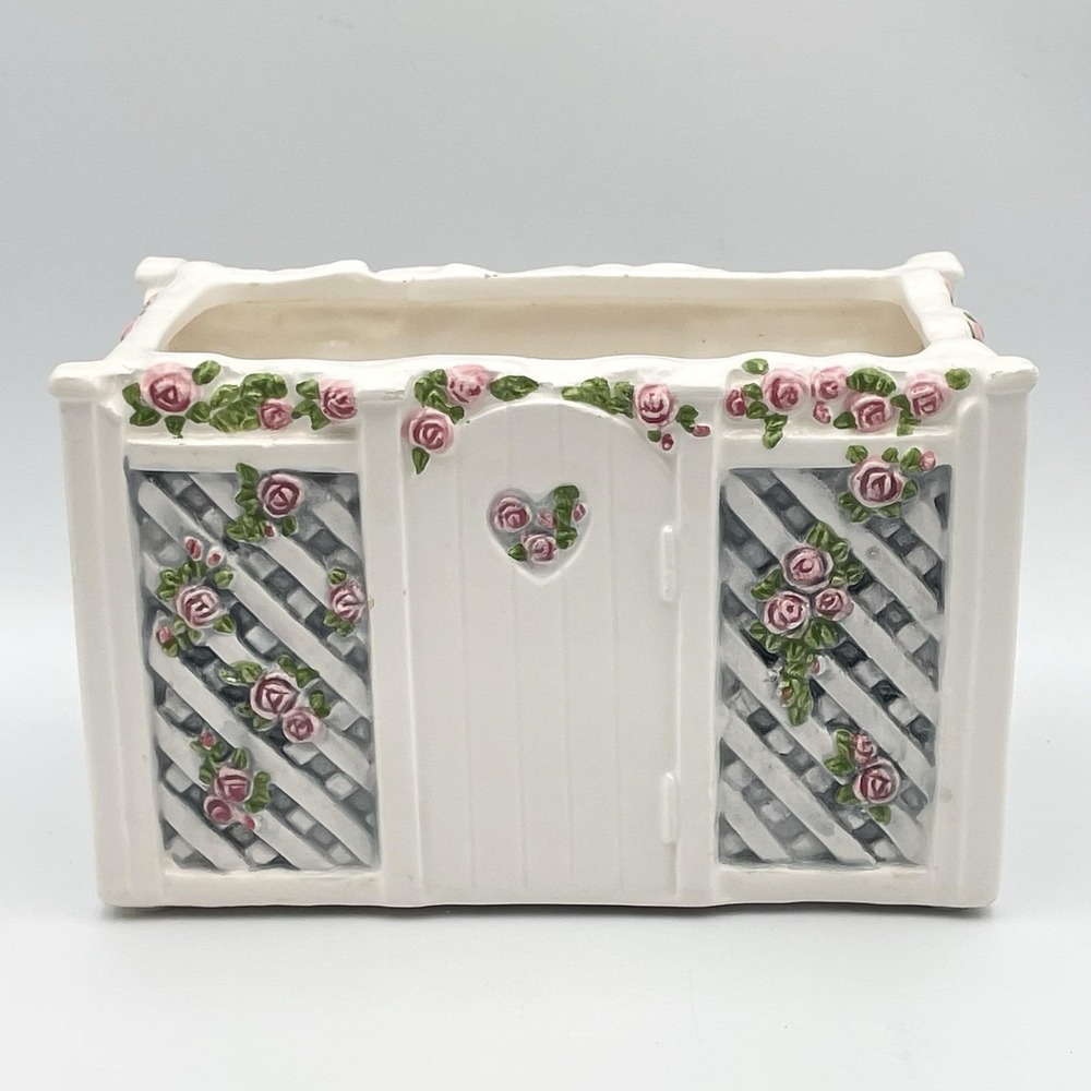 Vintage LBK Ceramic Rose Trellis Lattice Garden Gate Planter Cachepot Box Roses